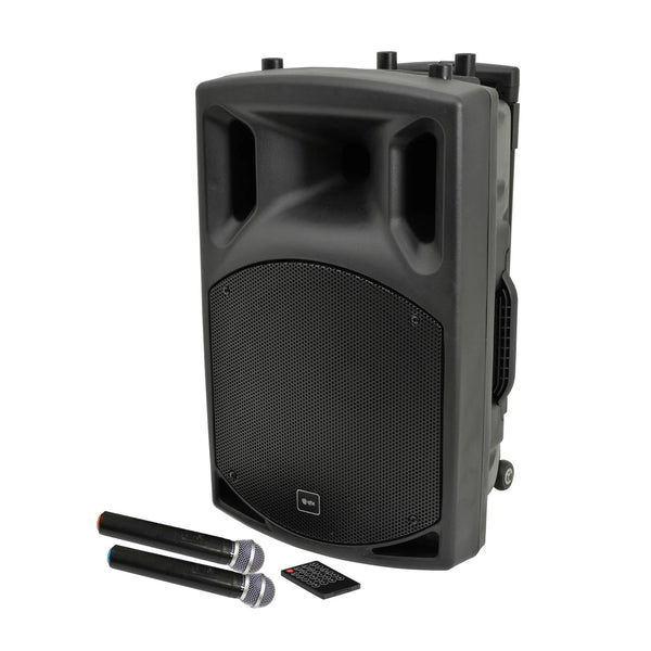 QTX QX series portable powered PA unit with 2 VHF microphones