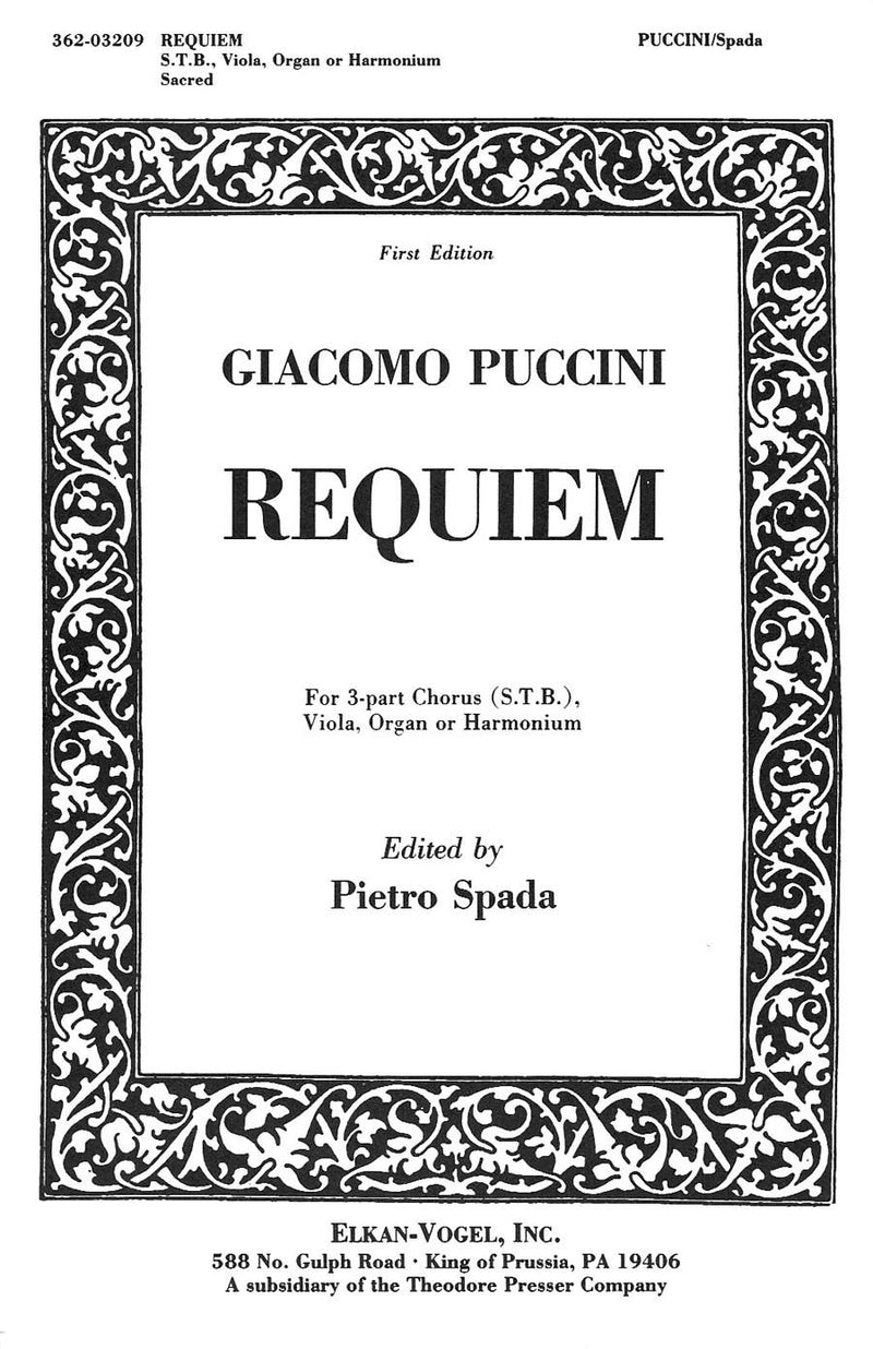 Puccini Requiem for 3-Part Chorus (STB), Viola, Organ or Harmonium