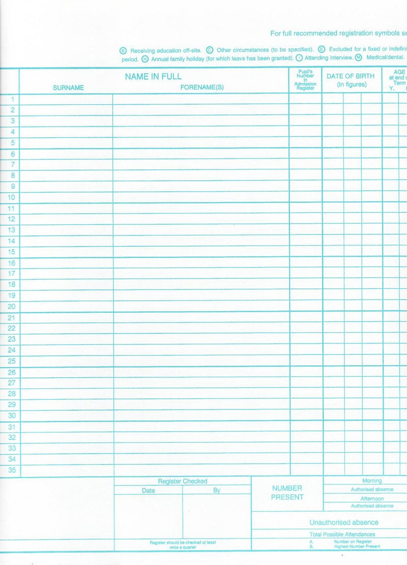 Philip & Tacey School Attendance Register 35 Names Pack of 10