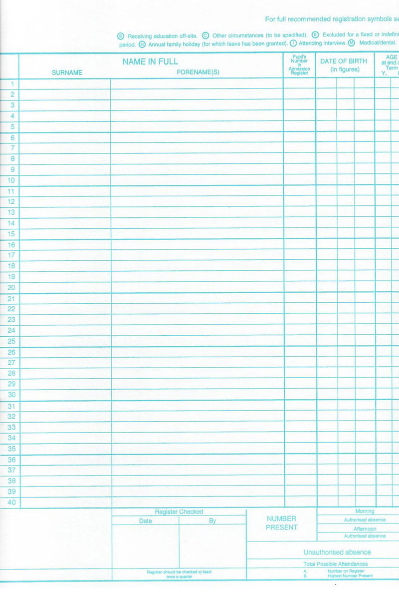 Philip & Tacey School Attendance Register 40 Names Pack of 10
