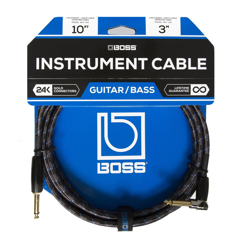 Boss 10Ft Instrument Guitar Cable With Angled 1/4" Jack Plugs