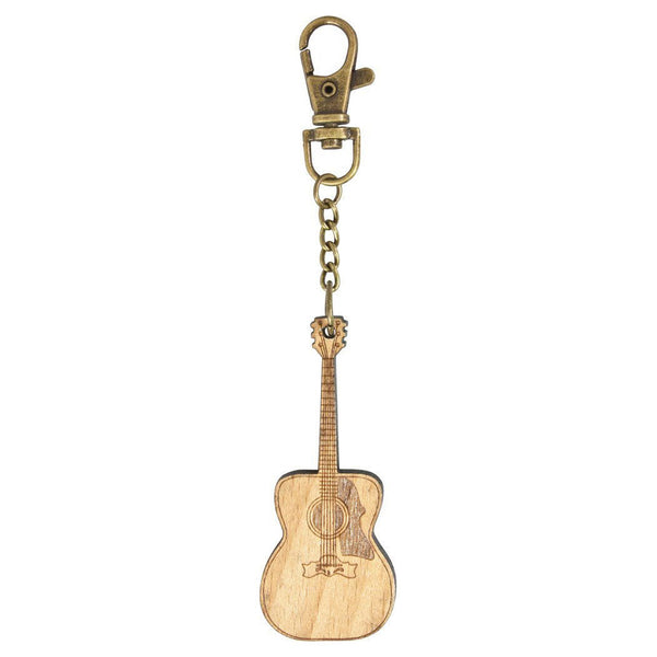 Wooden Acoustic Guitar Keyring With Bronze Keychain And Clip