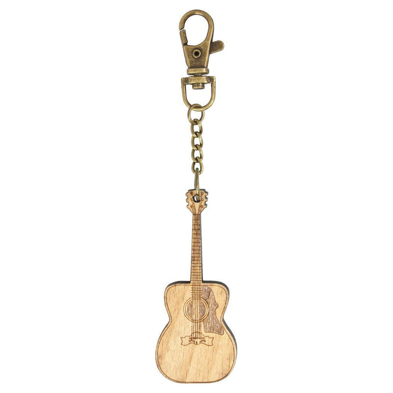 Wooden Acoustic Guitar Keyring With Bronze Keychain And Clip