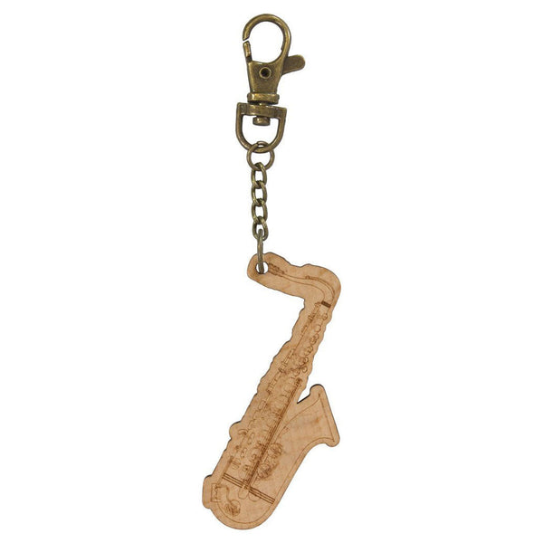Wooden Saxophone Keyring With Bronze Keychain And Clip