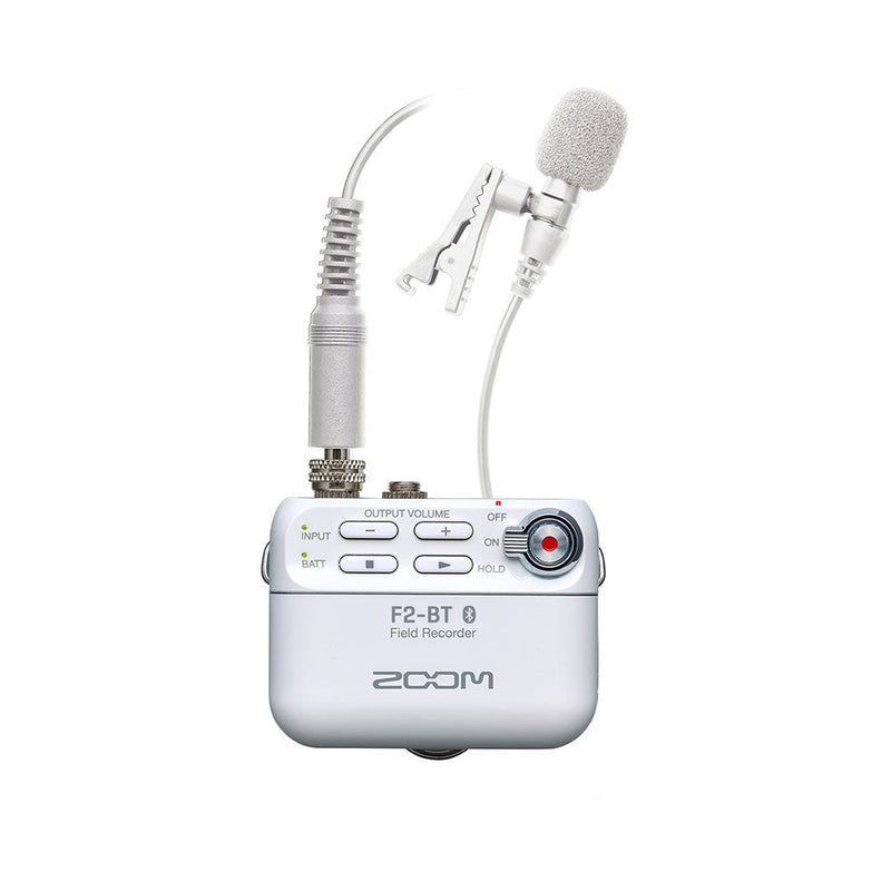 Zoom F2-BT white field recorder with bluetooth and lavalier microphone