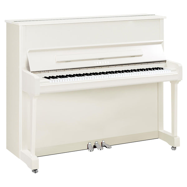 Yamaha P121 upright piano - Polished White with Chrome Fittings