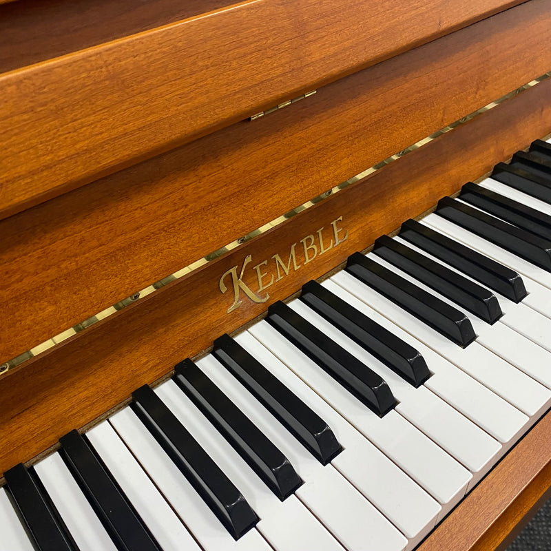 Pre-owned Kemble Prestige upright piano in cherry satin with yew inlay