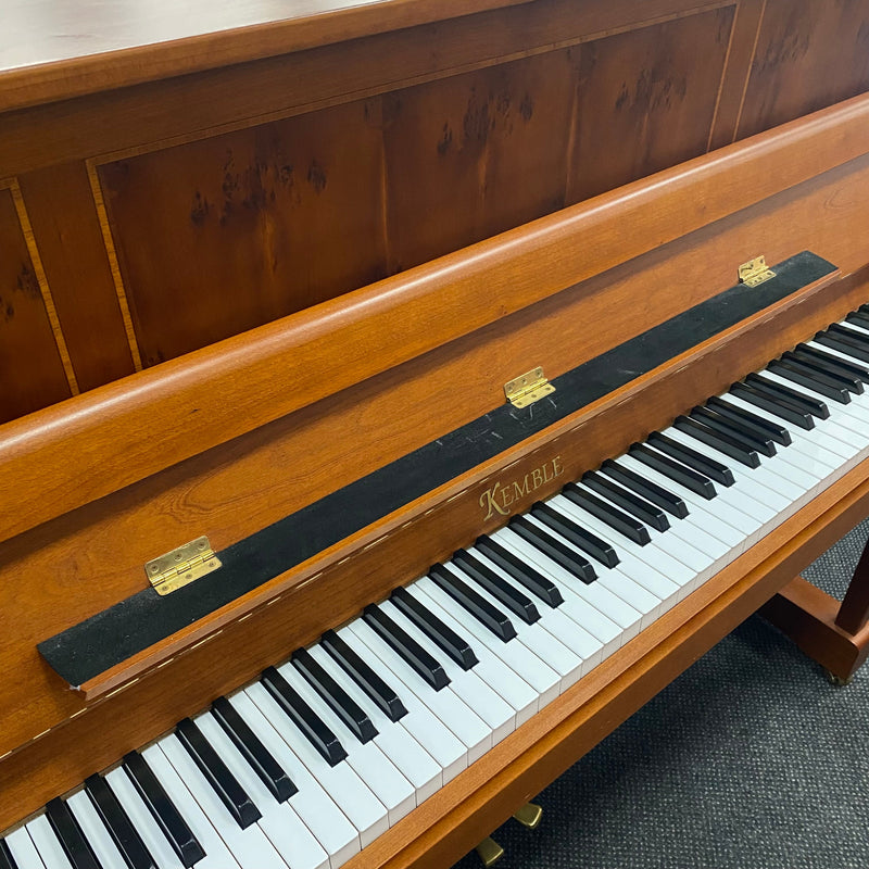 Pre-owned Kemble Prestige upright piano in cherry satin with yew inlay