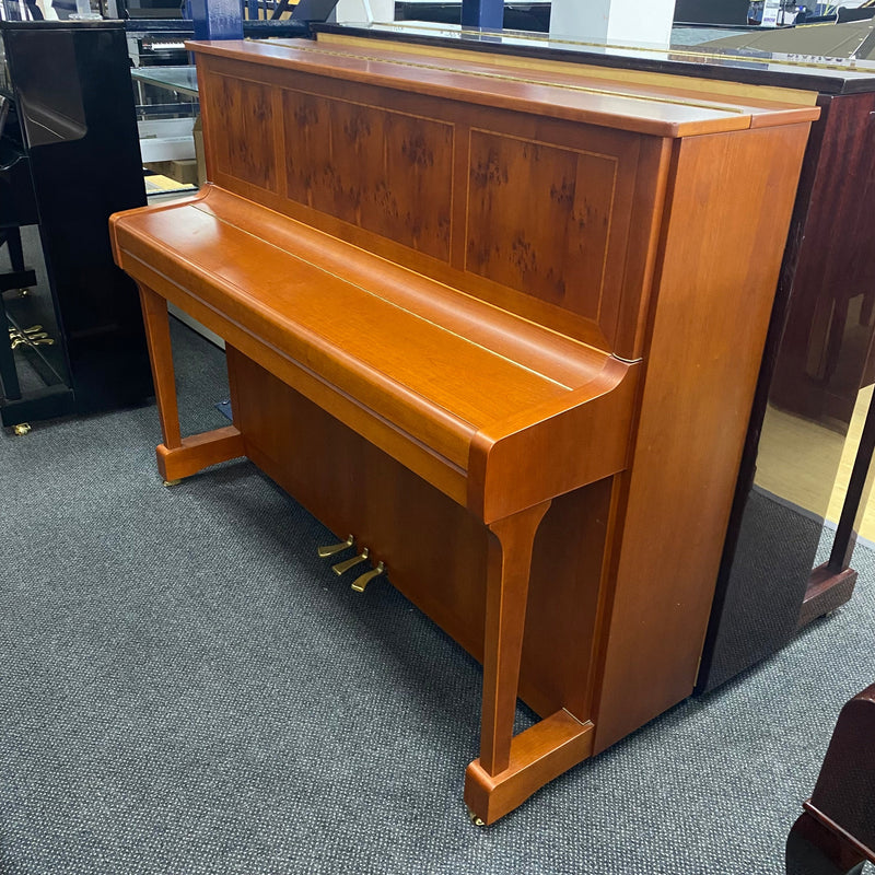 Pre-owned Kemble Prestige upright piano in cherry satin with yew inlay