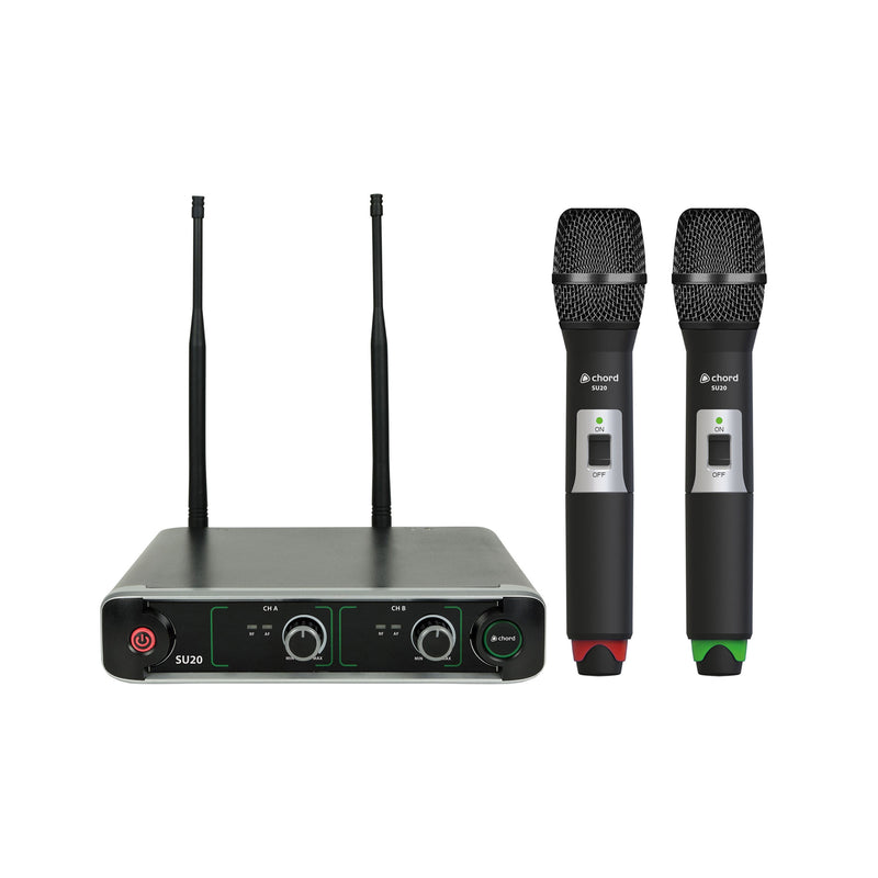 Chord SU20 compact dual UHF wireless microphone set - Carrier frequencies: 863.42MHz (Red) + 864.3MHz (Green)