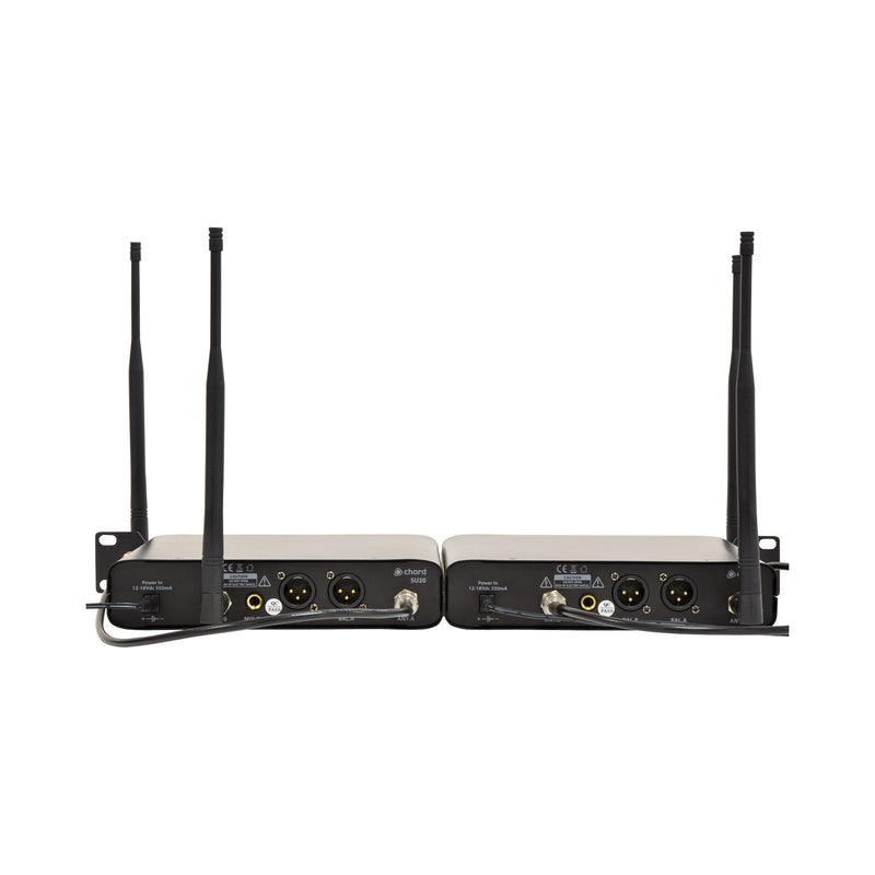 Chord SU20 compact dual UHF wireless microphone set - Carrier frequencies: 863.42MHz (Red) + 864.3MHz (Green)