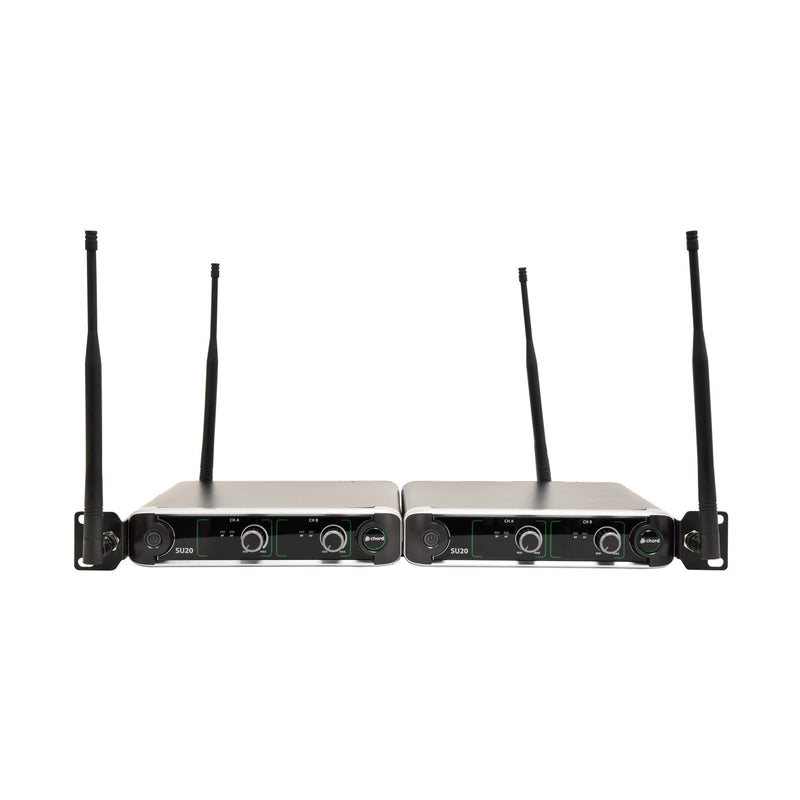 Chord SU20 compact dual UHF wireless microphone set - Carrier frequencies: 863.42MHz (Red) + 864.3MHz (Green)
