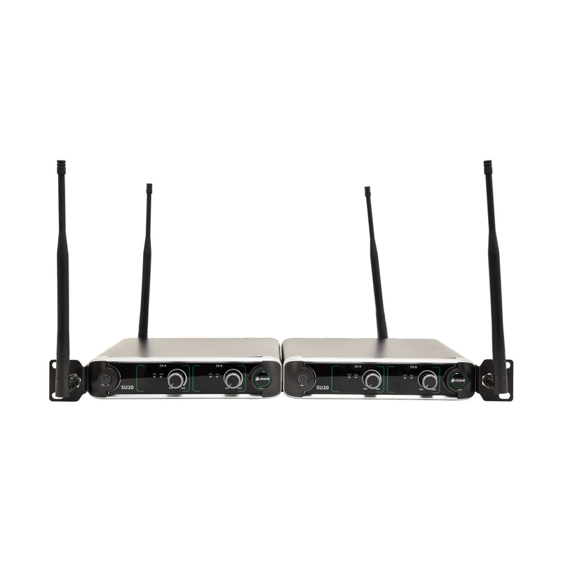 Chord SU20 compact dual UHF wireless microphone set - Carrier frequencies: 864.8MHz (Blue) + 863.1MHz (Yellow)