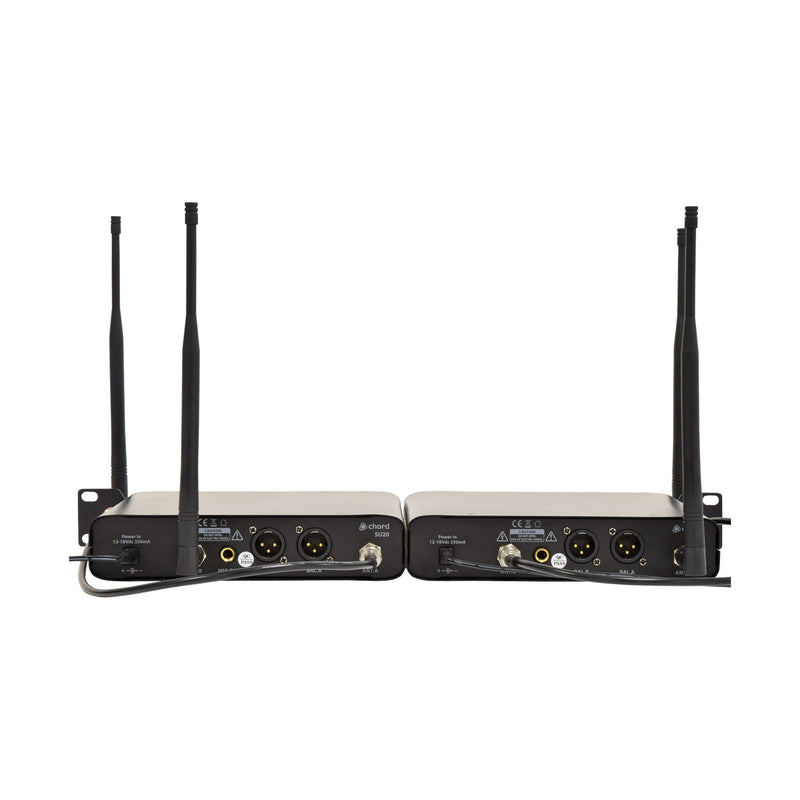 Chord SU20 compact dual UHF wireless microphone set - Carrier frequencies: 864.8MHz (Blue) + 863.1MHz (Yellow)