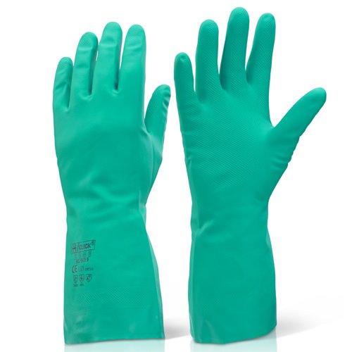 Gauntlets, Nitrile, Green, Flock Lined, Medium (Pair)