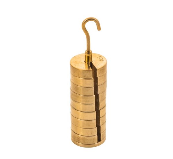 Slotted Set of Masses and Hanger - Brass, Set of 9 weights, one hanger each of 50g, Total 500 g (Each)