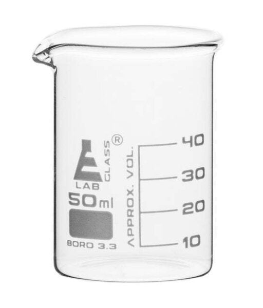 LabGlass®Beaker Low form, with spout made of borosilicate glass, graduated, 50ml. (Pack of 12)