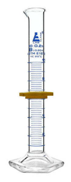 Cylinder Measuring Graduated, cap. 10ml., class 'B', glass hex. base,with protective guard &amp; spout, borosilicate glass, Blue Graduation. As per ASTM E1272 std. (Pack of 2)