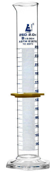 Cylinder Measuring Graduated, cap. 250ml., class 'B', glass hex. base,with protective guard &amp; spout, borosilicate glass, Blue Graduation. As per ASTM E1272 std. (Pack of 2)