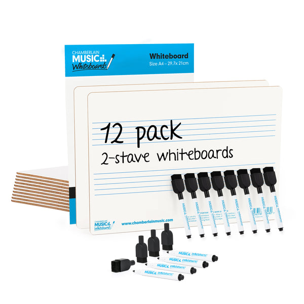 A4 mini dry-wipe music whiteboard with 2 pre-printed staves - 12 pack