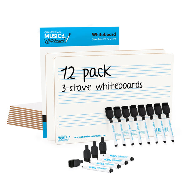 A4 mini dry-wipe music whiteboard with 3 pre-printed staves - 12 pack