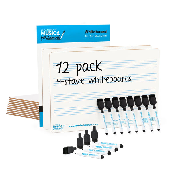 A4 mini dry-wipe music whiteboard with 4 pre-printed staves - 12 pack