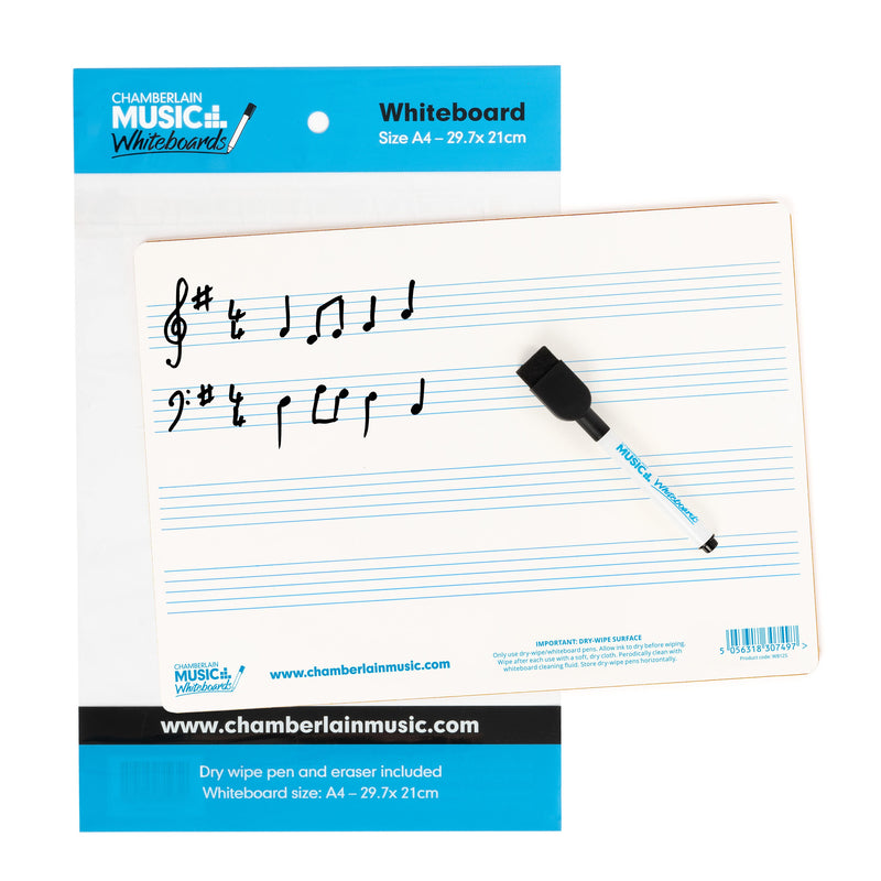 A4 mini dry-wipe music whiteboard with 4 pre-printed staves - 12 pack