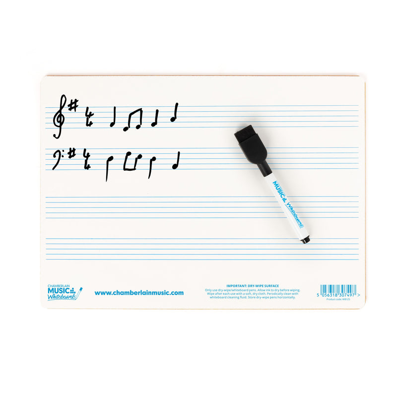 A4 mini dry-wipe music whiteboard with 4 pre-printed staves