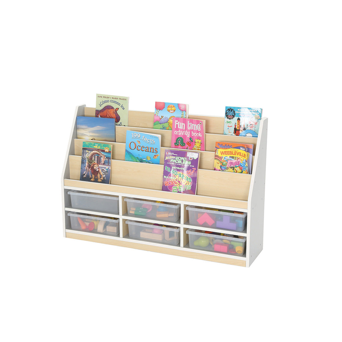 6 COMPARTMENT BOOK STORAGE & 6 SMALL CLEAR TRAYS, MODERN THRIFTY STORA