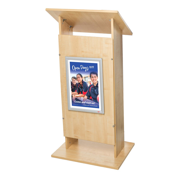 PRESENTER'S LECTERN, Maple With Silver Poster Frame