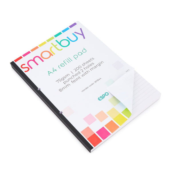 Smartbuy, REFILL WRITING PADS, A4, 400 pages/200 sheets, Bound at Side, Punched 2 Holes, With Cover, 8mm ruled with margin, Pack of 5