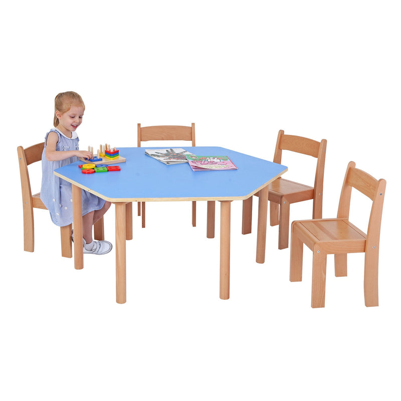 Pastel Blue Hexagon Table H460mm PLUS 4 x Stackable Beech Chairs H260mm