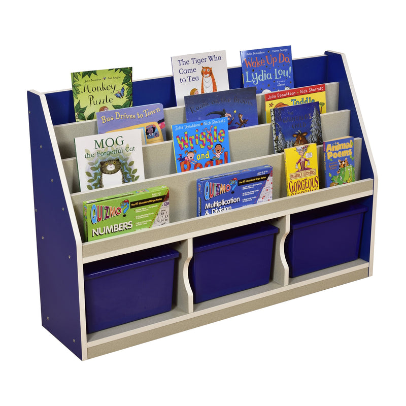 Thrifty 3-Compartment Book Storage with 3 Blue Trays