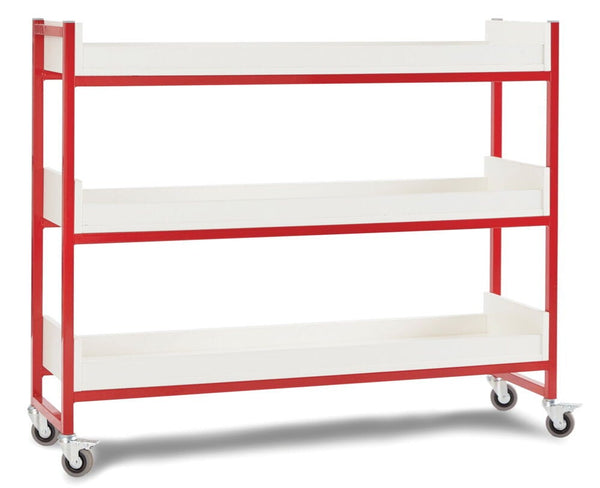 STEEL LUNCHBOX TROLLEYS, 30 Boxes - Long, Red frame, white shelves, Each