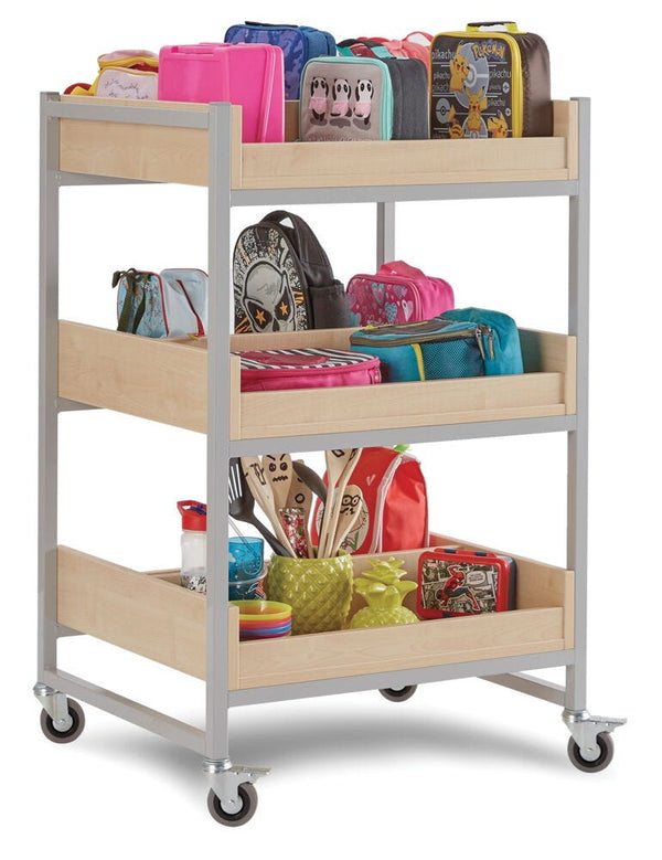 STEEL LUNCHBOX TROLLEYS, 30 Boxes - Wide, Red frame, white shelves, Each