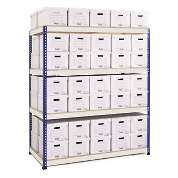 STEEL SHELVING, RAPID 1 HEAVY DUTY BOLTLESS SHELVING, 4 Level - With Archive Boxes, 2375 (inc. top box) x 1830mm (hxw). 915mm, 70 box double depth, Each