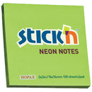 REPOSITIONABLE NOTES, STICK 'N NOTES, Neon Green, 76 x 76mm, Pack of 6