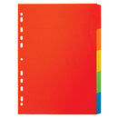 MULTI-PUNCHED TABBED DIVIDERS FOR BINDERS AND FILES, CARD, COLOURED TABS, 5 Positions, Bright Colours, (A4) 224 x 297mm, Box of 20 sets of 5