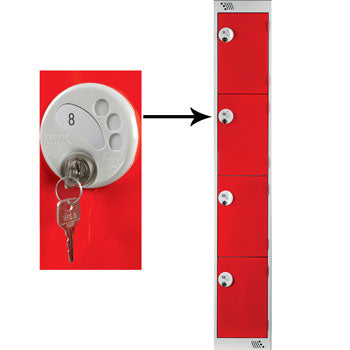 FOUR COMPARTMENT LOCKERS WITH KEY LOCKS, 300 x 450 x 1800mm (w x d x h), Single Bay Locker, Yellow doors