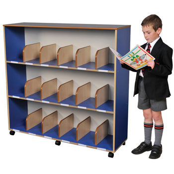 MAPLE EFFECT & PRIMARY COLOUR RANGE, BOOKCASE WITH DRY WIPE BACK, Blue with Maple Dividers, Each