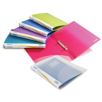 RING BINDERS, 2 RING ('O' Shaped), A4, FLEXIBLE POLYPROPYLENE, Translucent, 15mm Capacity, Bright Assorted, Box of 10