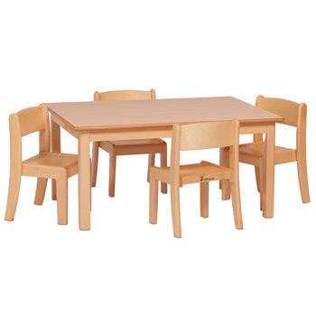 WOODEN TABLES & CHAIRS, RECTANGULAR TABLE AND 4 BEECH STACKING CHAIRS, Table 460mm, Chair 260mm, 3-4yrs