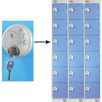 SIX COMPARTMENT LOCKERS WITH KEY LOCKS, 300 x 450 x 1800mm (w x d x h), Nest of 3 Lockers, Yellow doors