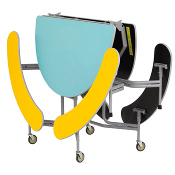 TABLE AND SEATING UNITS, 8 - 12 SEAT OVAL GRADUATE BENCH UNIT, Table Top Blue, Yellow Bench, 740mm height