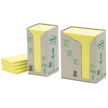 POST-IT(R) RECYCLED NOTES, Canary(TM) Yellow, Towers, 76 x 76mm, Pack of 16