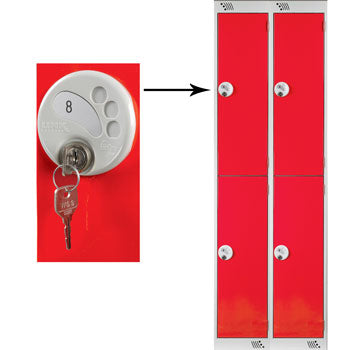 TWO COMPARTMENT LOCKERS WITH KEY LOCKS, 300 x 300 x 1800mm (w x d x h), Nest of 2 Lockers, Red doors
