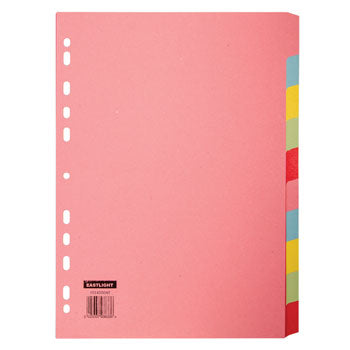 MULTI-PUNCHED TABBED DIVIDERS FOR BINDERS AND FILES, CARD, COLOURED TABS, 10 Positions, Pastel Colours, (A4) 223 x 297mm, Box of 50 sets of 10