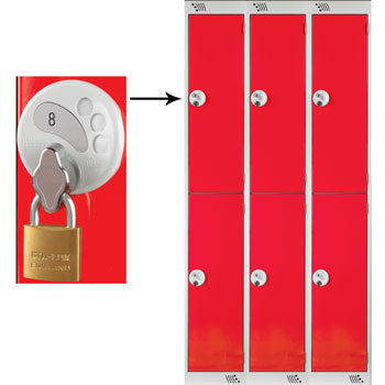 TWO COMPARTMENT LOCKERS WITH SWIVEL CATCH LOCKS, 300 x 450 x 1800mm (w x d x h), Nest of 3 Lockers, Red doors