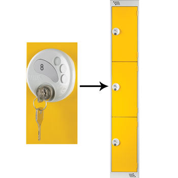 THREE COMPARTMENT LOCKERS WITH KEY LOCKS, 300 x 450 x 1800mm (w x d x h), Single Bay Locker, Yellow doors