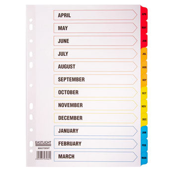 MULTI-PUNCHED TABBED DIVIDERS, CARD, PRINTED POSITION & COLOURED TABS, Fiscal Year, White, (A4) 223x297mm, Set of 12